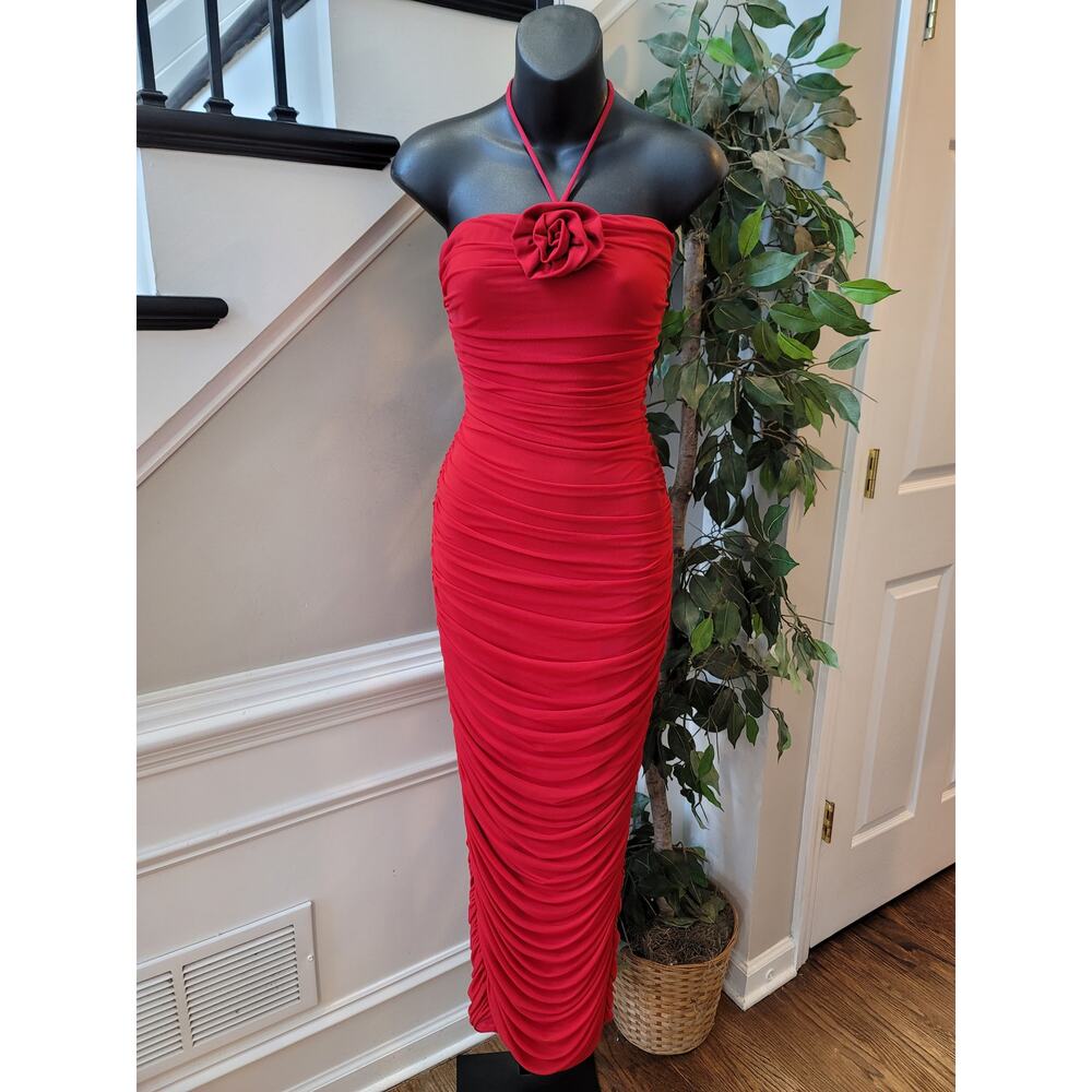 Fashion Nova Strapless Midi Dress Women's Medium Red Ruched 3D Floral Corsage
